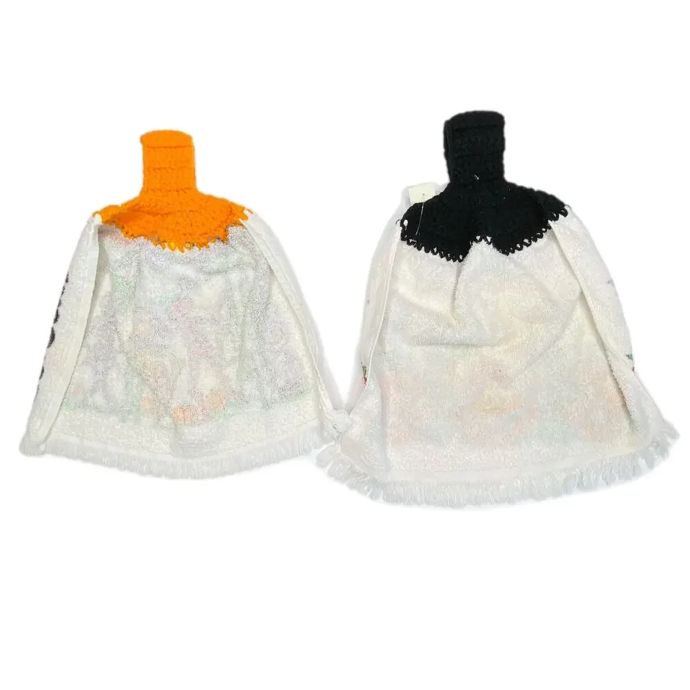 Handmade Crochet Top Halloween Towels Pumpkins Skeletons - Set of 2